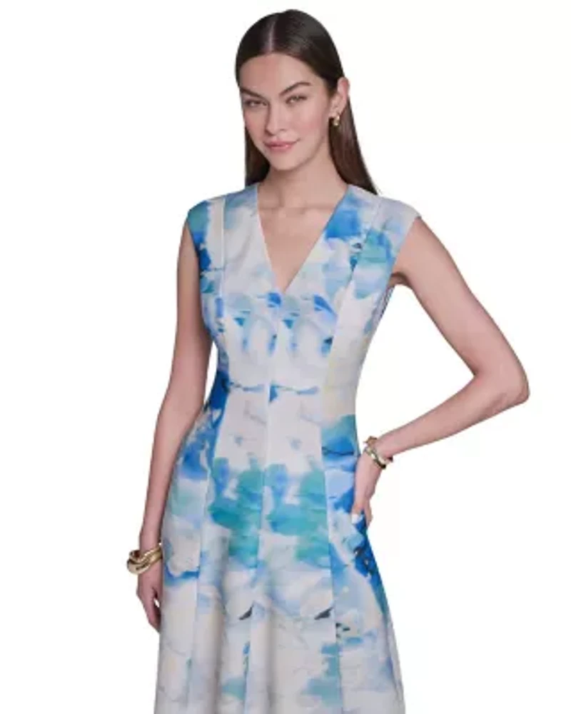 Cap Sleeve Midi Printed Fit & Flare Dress