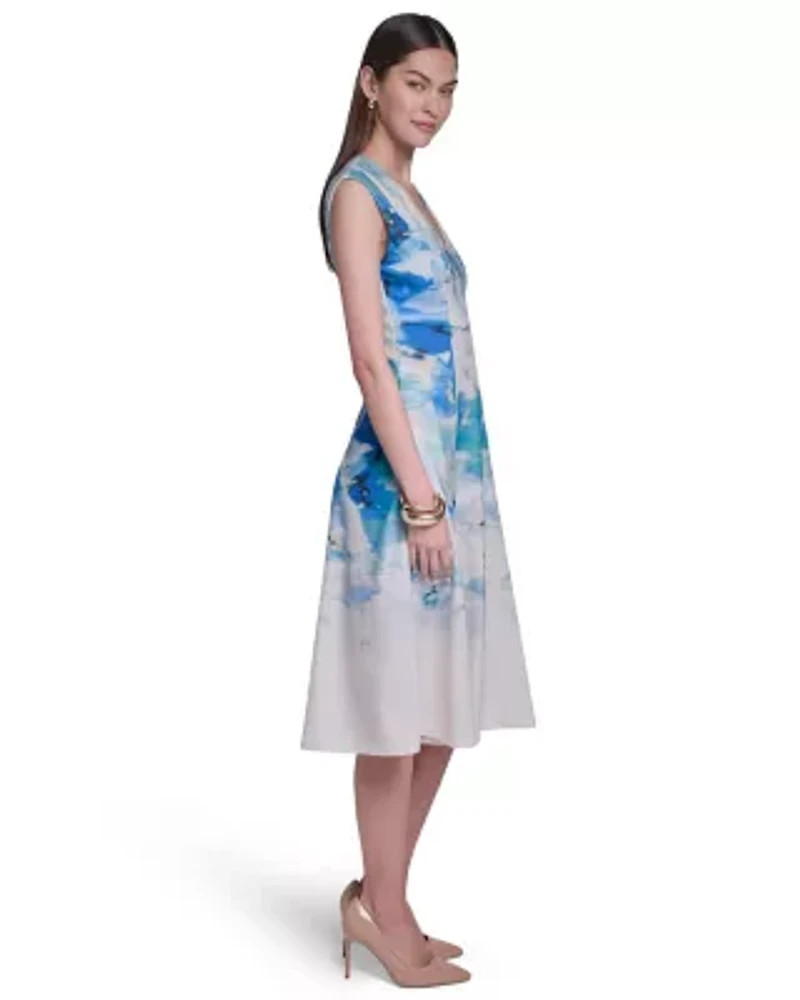 Cap Sleeve Midi Printed Fit & Flare Dress