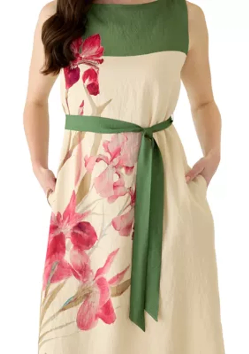 Women's Sleeveless Printed Linen A-Line Dress
