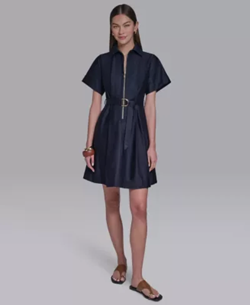 Women's Zip Front D-Ring Belted Shirt Dress