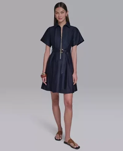 Women's Zip Front D-Ring Belted Shirt Dress