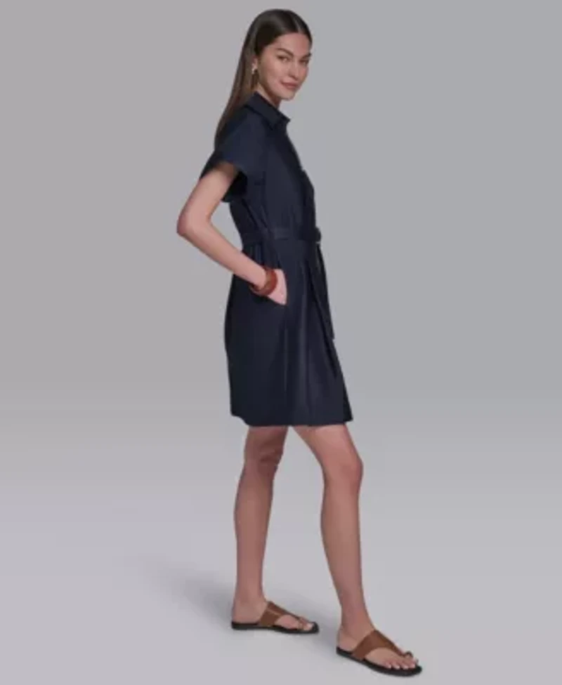 Women's Zip Front D-Ring Belted Shirt Dress