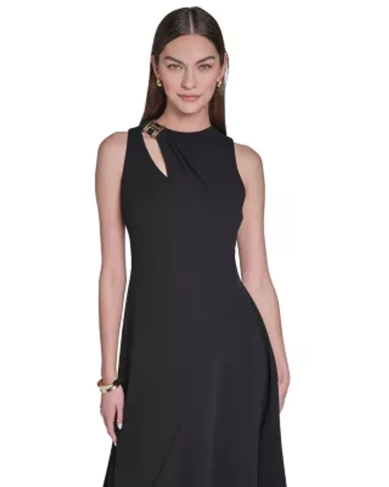 Sleeveless Keyhole Midi Dress with Hardware Detail