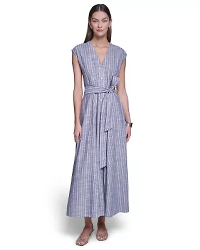 Stripped V-Neck Maxi Shirt Dress