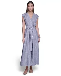 Stripped V-Neck Maxi Shirt Dress
