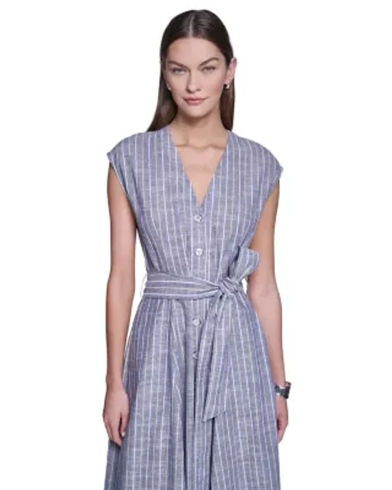Stripped V-Neck Maxi Shirt Dress