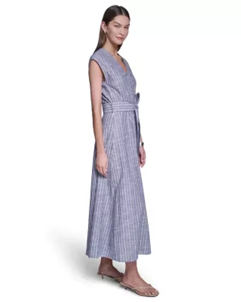 Stripped V-Neck Maxi Shirt Dress