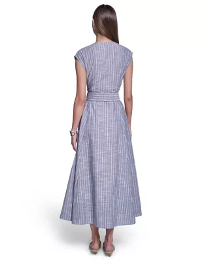 Stripped V-Neck Maxi Shirt Dress