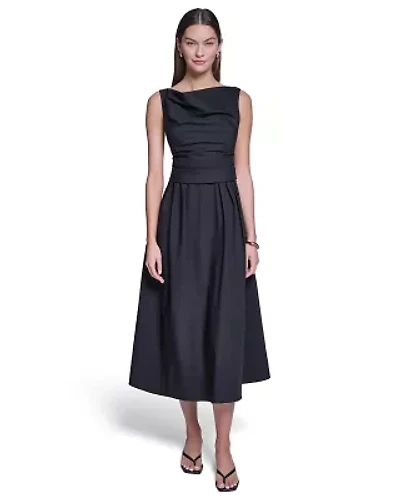 Women's Square Neck Sleeveless Pleated Midi Dress