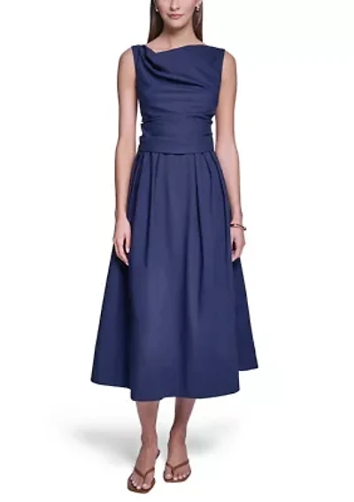 Women's Square Neck Sleeveless Pleated Midi Dress