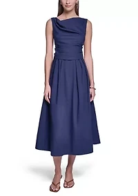 Women's Square Neck Sleeveless Pleated Midi Dress
