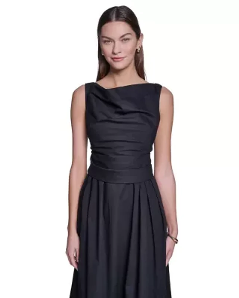 Women's Square Neck Sleeveless Pleated Midi Dress