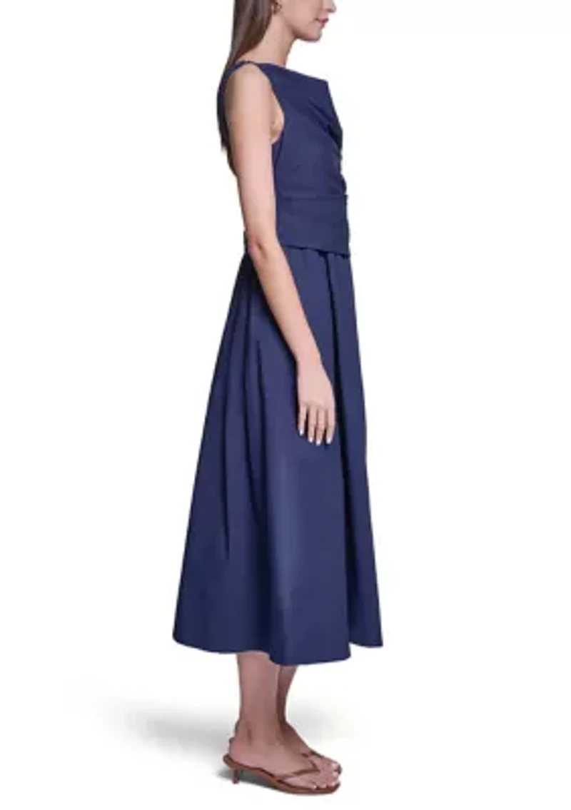 Women's Square Neck Sleeveless Pleated Midi Dress