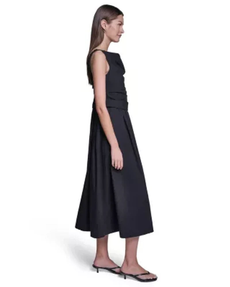 Women's Square Neck Sleeveless Pleated Midi Dress