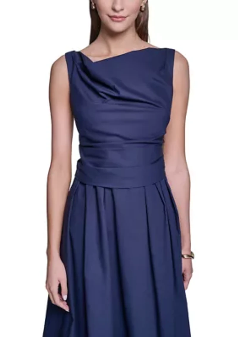 Women's Square Neck Sleeveless Pleated Midi Dress