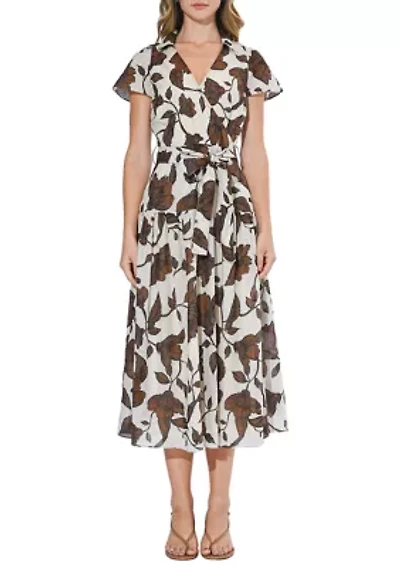 Women's Short Sleeve Floral Wrap Midi Dress