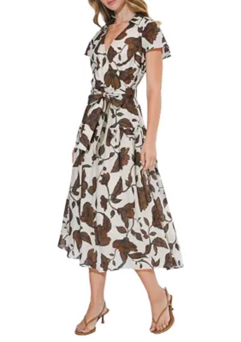 Women's Short Sleeve Floral Wrap Midi Dress