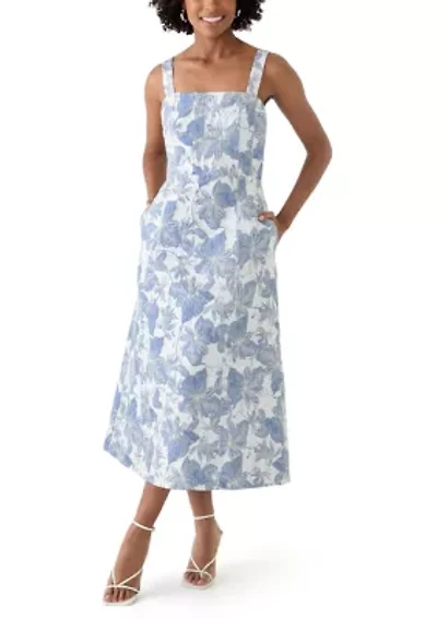 Women's Sleeveless Square Neck Floral Print Midi Dress