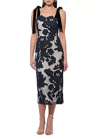 Women's Sleeveless Tie Shoulder Floral Overlay Midi Dress