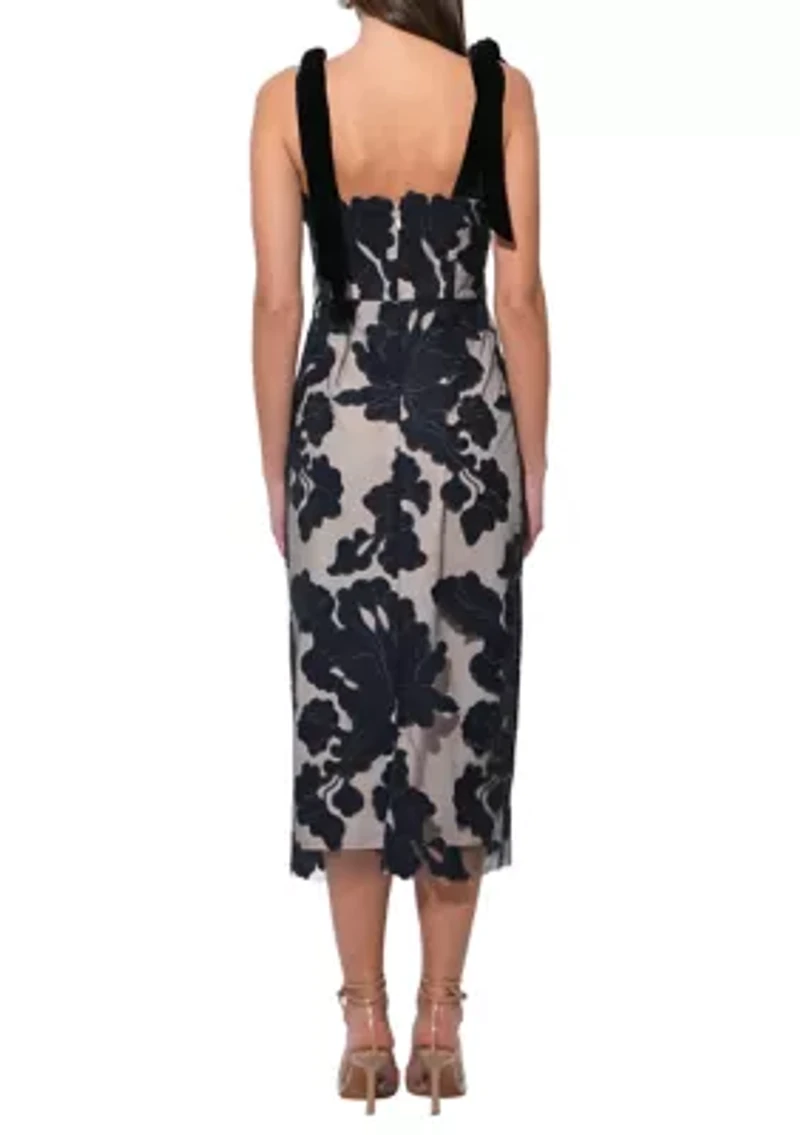 Women's Sleeveless Tie Shoulder Floral Overlay Midi Dress