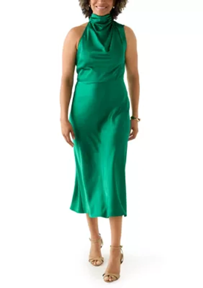 Women's High Neck Satin Midi Dress