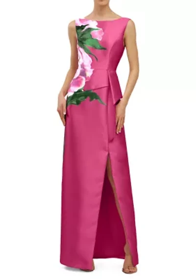Women's Floral Printed Long Boat Neck Gown