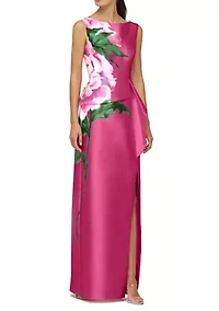Women's Floral Printed Long Boat Neck Gown