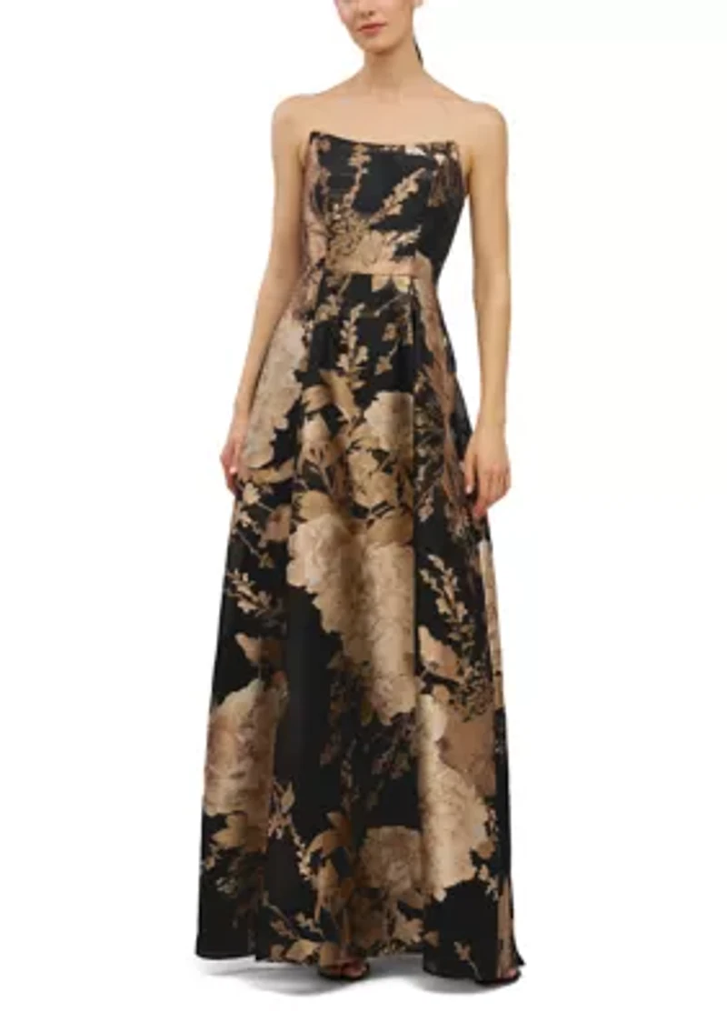 Sleeveless Strapless Metallic Floral Maxi Gown