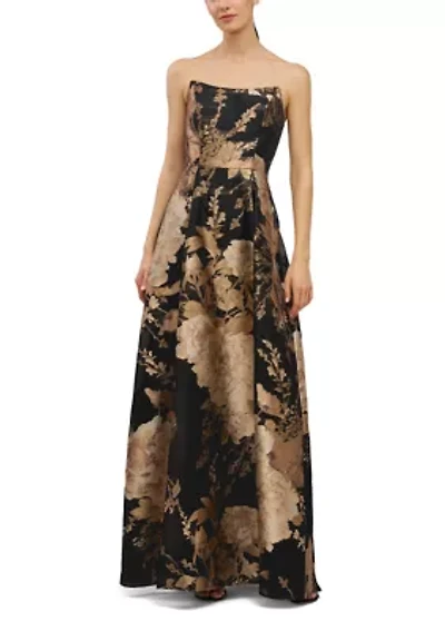 Sleeveless Strapless Metallic Floral Maxi Gown