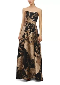 Sleeveless Strapless Metallic Floral Maxi Gown