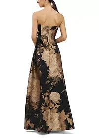 Sleeveless Strapless Metallic Floral Maxi Gown