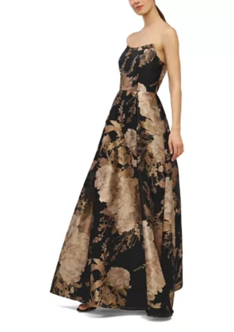 Sleeveless Strapless Metallic Floral Maxi Gown