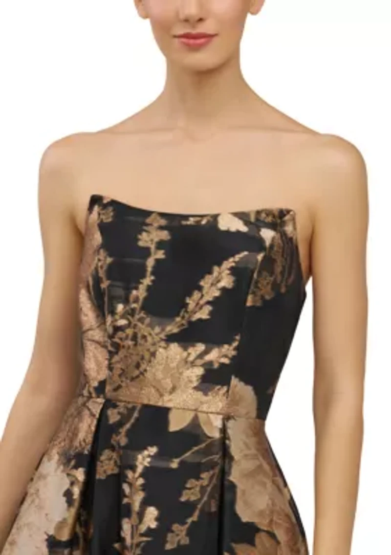 Sleeveless Strapless Metallic Floral Maxi Gown