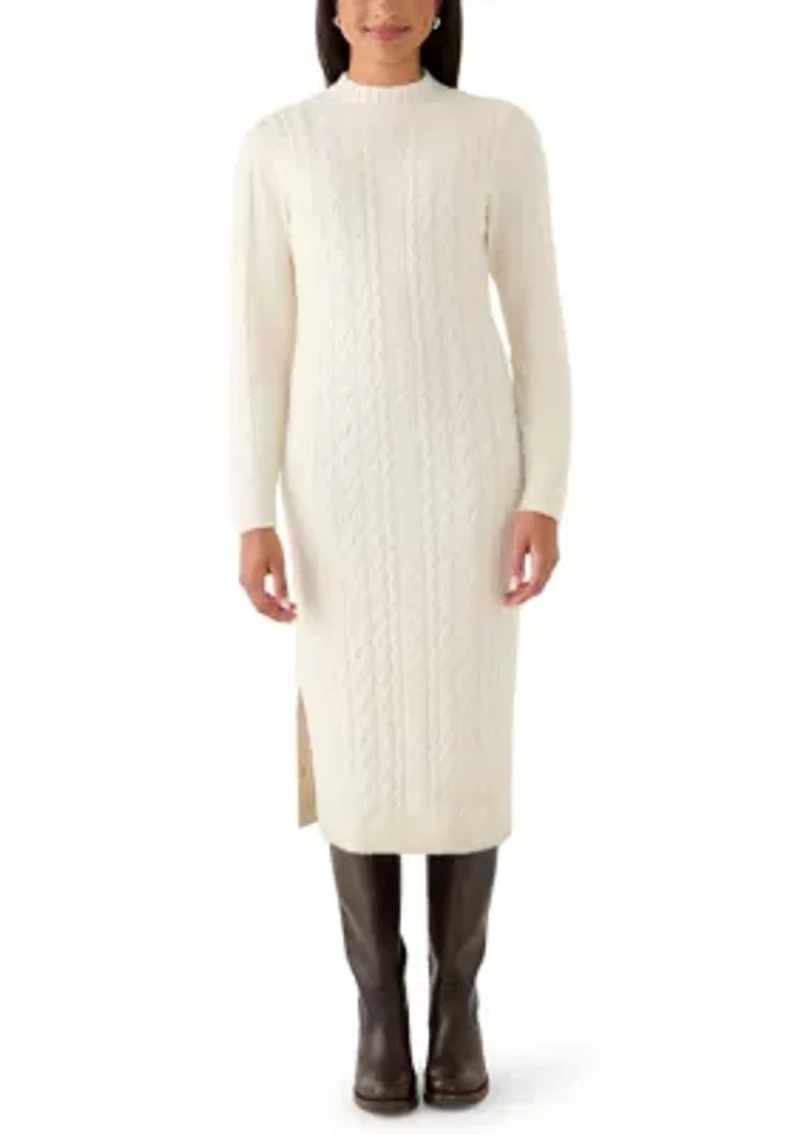Mock Neck Cable Midi Sweater Dress