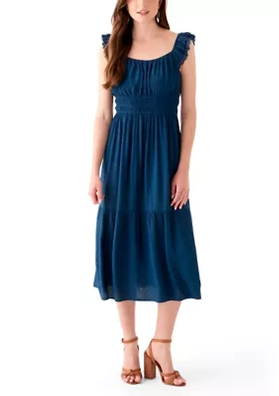 Women's Ruffle Eyelet Trim Midi Dress