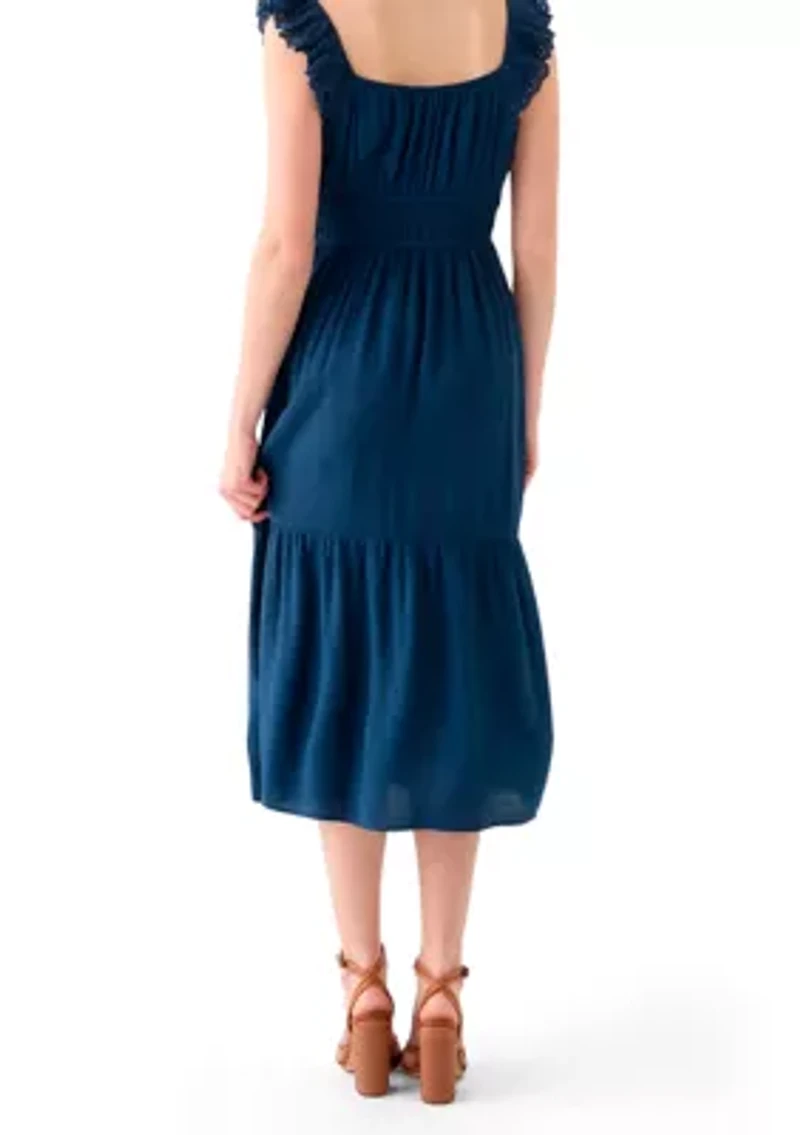Women's Ruffle Eyelet Trim Midi Dress