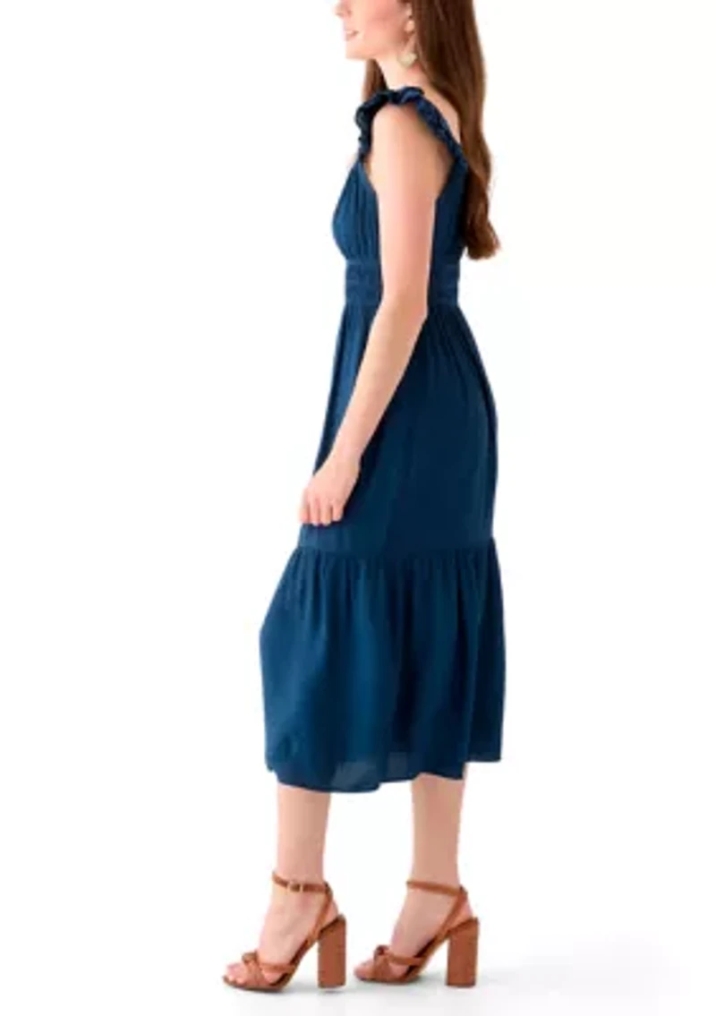 Women's Ruffle Eyelet Trim Midi Dress