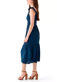 Women's Ruffle Eyelet Trim Midi Dress