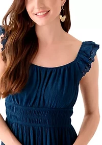 Women's Ruffle Eyelet Trim Midi Dress
