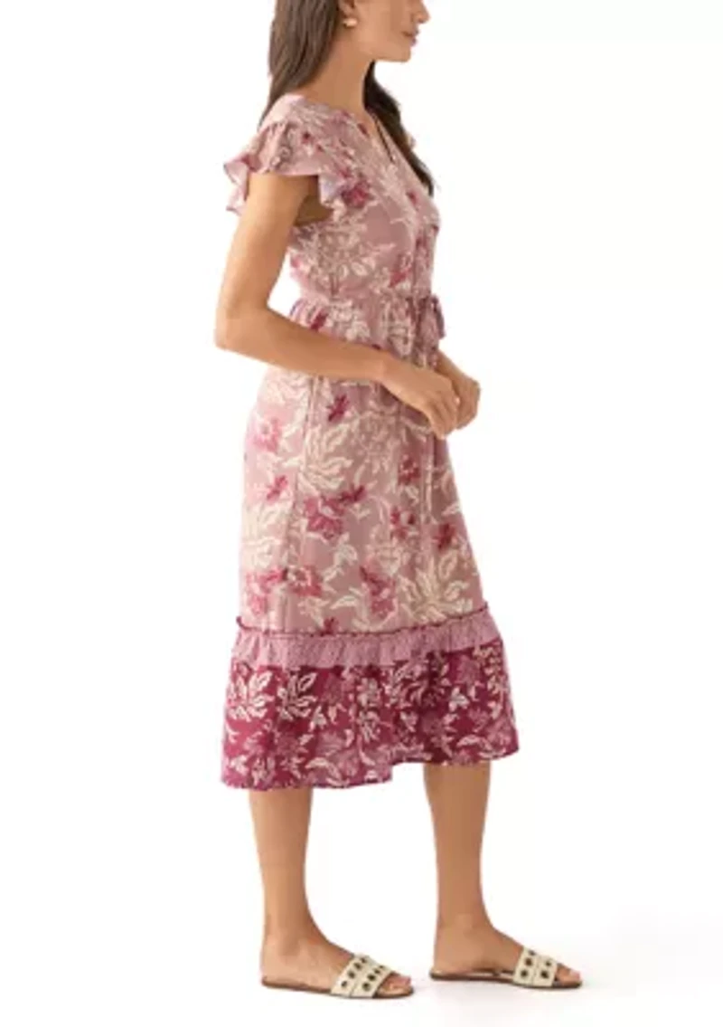 Women's Mandarin Collar Floral Midi Dress