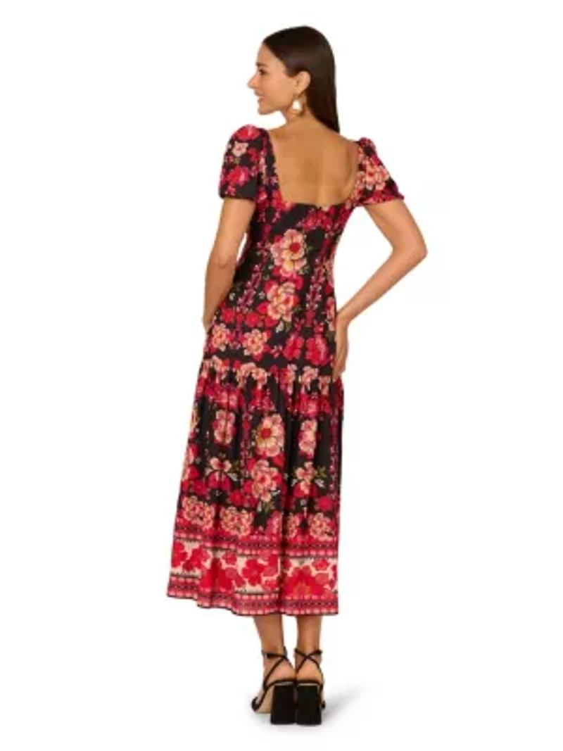 Printed Puff Midi Dress