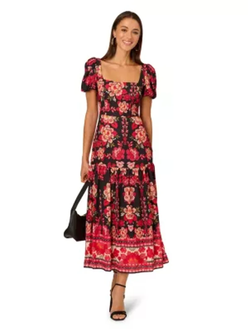 Printed Puff Midi Dress