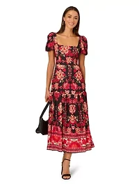 Printed Puff Midi Dress