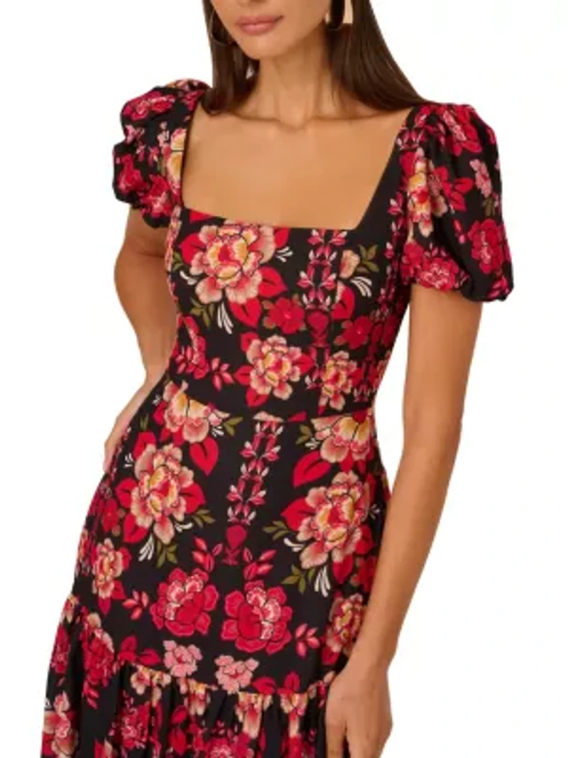 Printed Puff Midi Dress