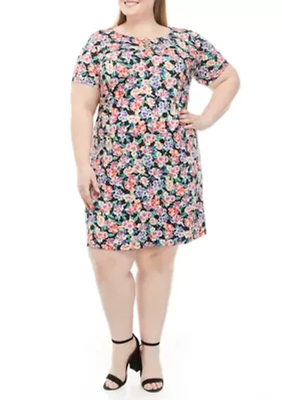 Plus Printed Short Sleeve Ring Neck Dress