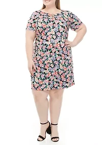 Plus Printed Short Sleeve Ring Neck Dress