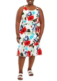 Plus Linen Halter Neck Floral Dress