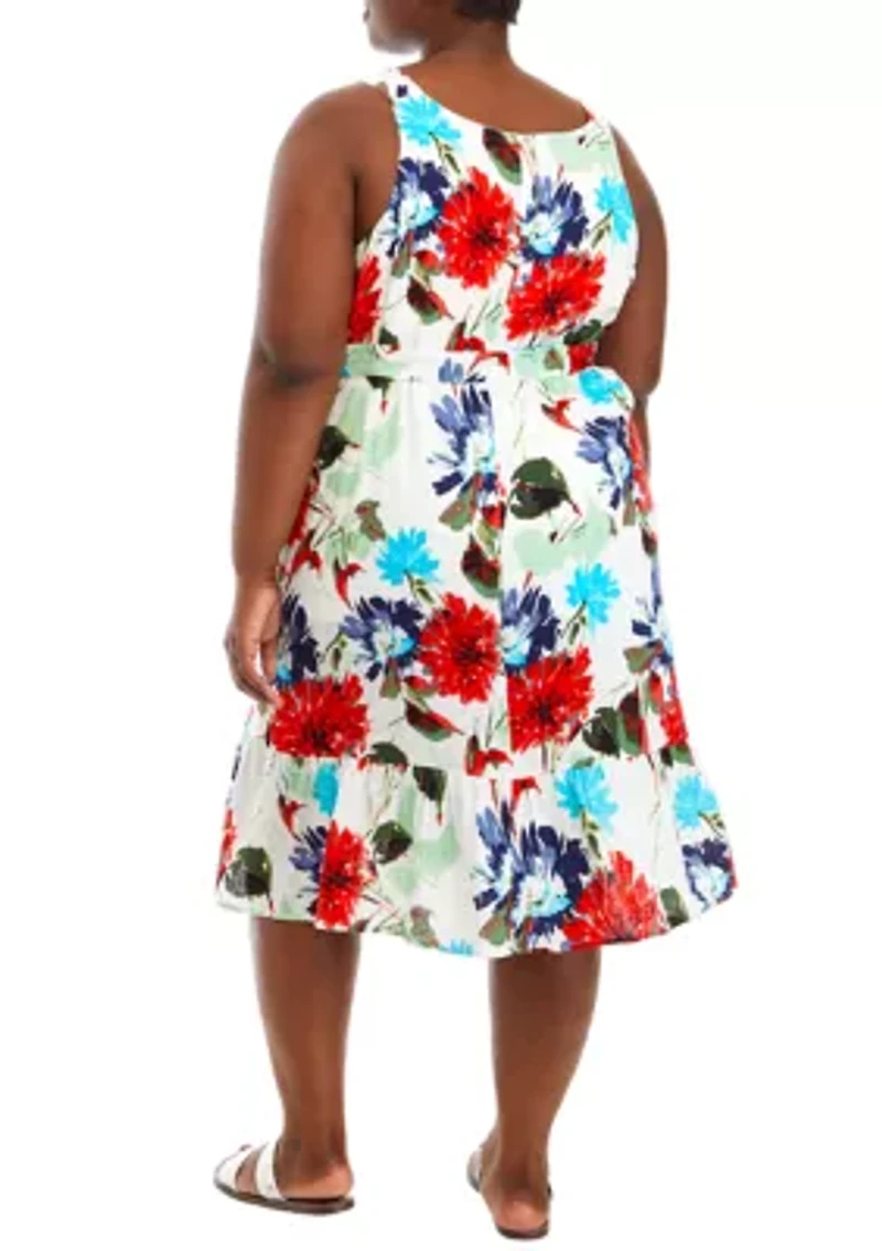 Plus Linen Halter Neck Floral Dress