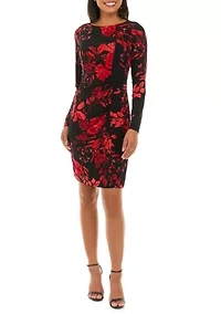 Women's Long Sleeve Side Ruched Floral Print Sheath Dress