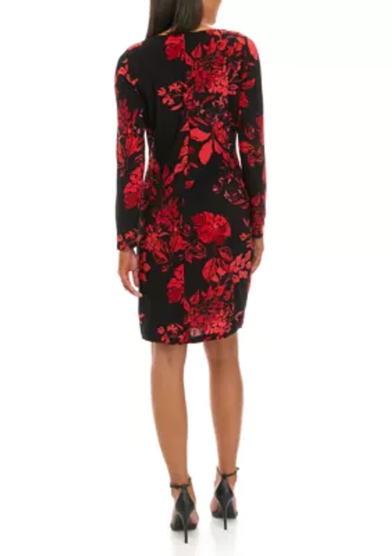 Women's Long Sleeve Side Ruched Floral Print Sheath Dress